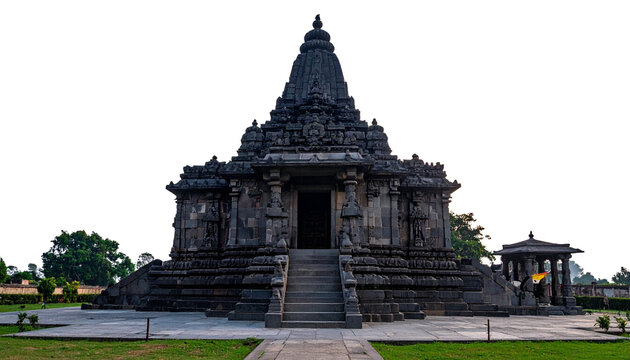Front view of a magnificent ancient Hindu temple, built in traditional black stone architecture. The structure features detailed carvings on stone pillars, a multi-tiered roof and ,wat phra si sanphet