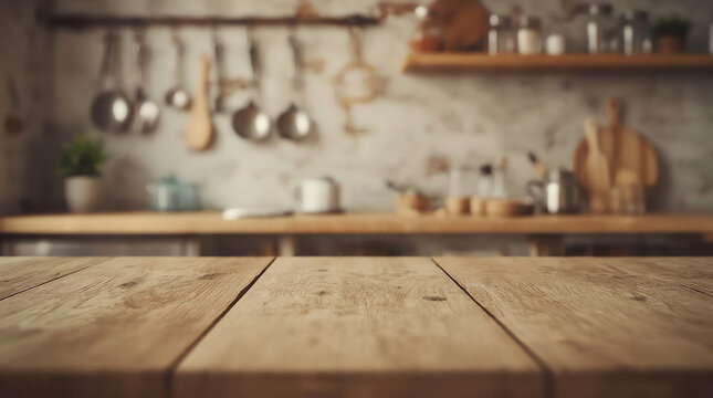 Empty wooden vintage table over kitchen blurred background