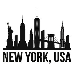 Fototapeta premium New York City skyline silhouette illustration with famous landmarks and typography.
