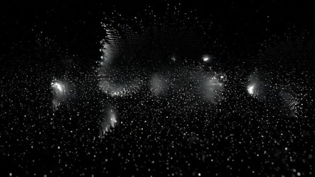 Abstract glowing particles form dynamic shapes and patterns on dark background