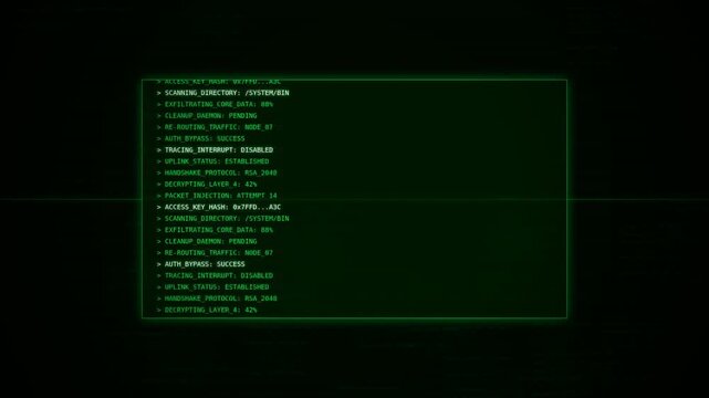 Display of digital data on a green screen, showcasing various system specifications and metrics