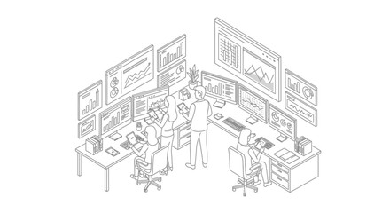Naklejka premium Isometric illustration of a team of analysts working in a modern control room with multiple monitors displaying charts and data.