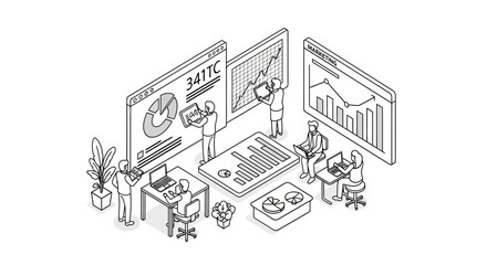 Obraz premium Isometric illustration of a team collaborating on data analysis and business strategy using charts and graphs on screens.