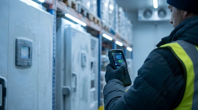 Male logistics worker in high-visibility vest using a handheld digital thermometer to check temperature in an industrial cold storage warehouse freezer facility.