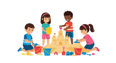 Four diverse children are joyfully collaborating to build an intricate sandcastle using various colorful buckets and shovels on a beach. © Coey