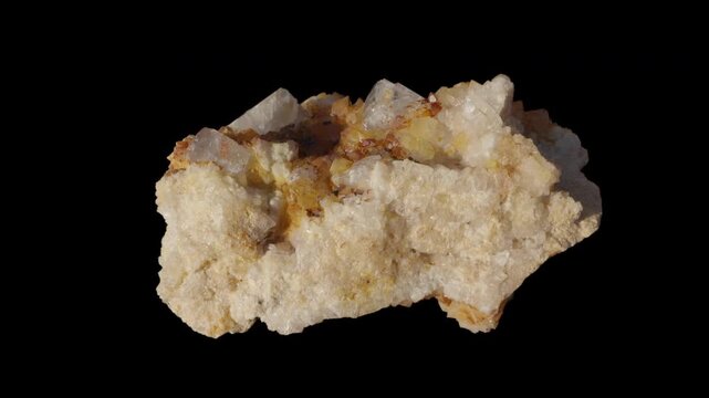 Fluorite sample with transparent cubic crystals on a distribution of golden yellow crystals isolated on a black background, loop rotation