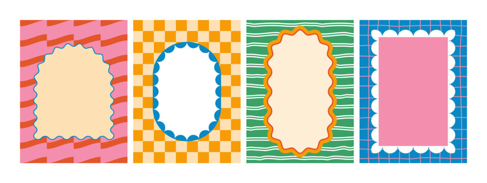 Wavy Scallop Shape Frames with Patterns. Cute Vector Fun Retro Borders. Doodle Shape Color Backgrounds with Frames. Groovy Y2K Design with Scallop Decorative Borders.