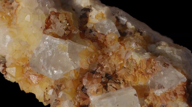 A macro of fluorite sample with transparent cubic crystals on a distribution of golden yellow crystals