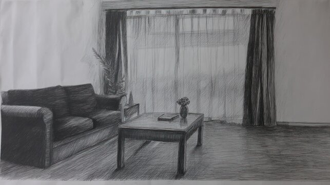 A detailed graphite drawing of a cozy living room with a couch, table, and large window