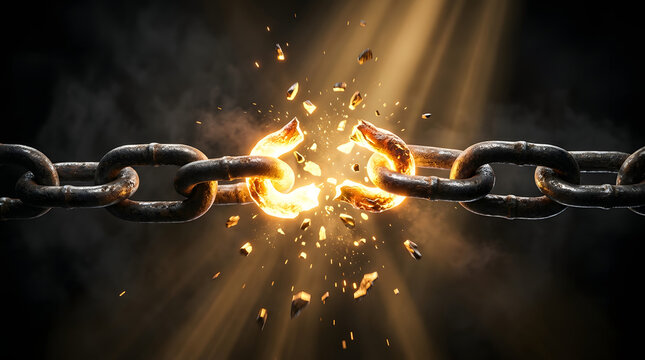 Broken iron chain with sparks and smoke on a dark background