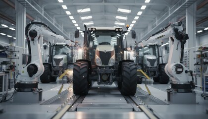 Fototapeta premium Medium shot of tractors moving along a conveyorized final assembly line with automated robotic arms performing precise welding and component fitting.