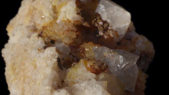 A macro of fluorite sample with transparent cubic crystals on a distribution of golden yellow crystals