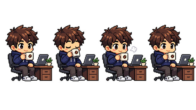 Pixel art boy drinking coffee at desk with laptop, 4 animation frames