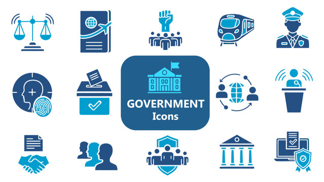 Government solid editable icon set. Democracy, voting, election, legislation, diplomacy, authority, civil rights, civic, leadership and law symbols. Vector illustration