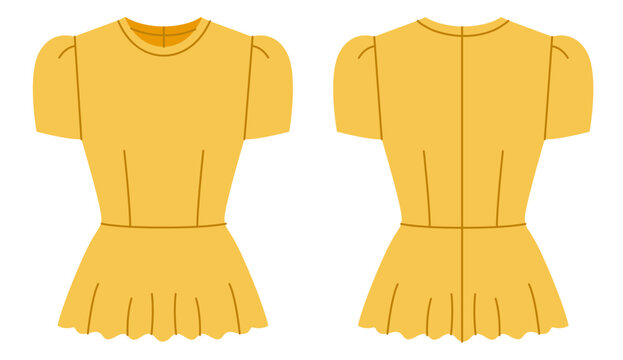 Yellow peplum top with puff sleeves, fitted bodice and flared hem with structured shaping and feminine silhouette. Technical fashion illustration in flat color, front and back views. Vector