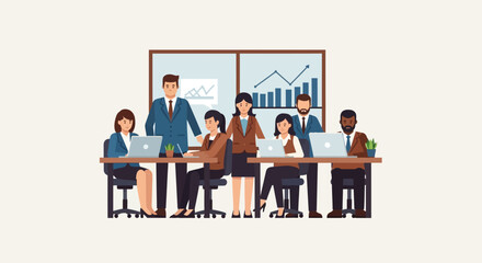 Fototapeta premium Diverse Business Team Working in a Modern Office with Data Charts Flat Illustration