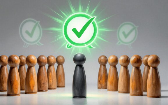 One standout figure shines under a glowing checkmark symbolizing