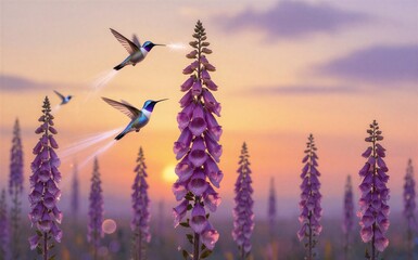 Fototapeta premium Hummingbirds dance among purple foxgloves at golden sunset.