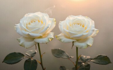 Obraz premium Two elegant white roses bloom gracefully with soft smoke curling