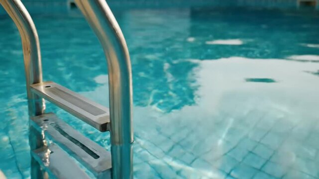 Reflective poolside scene featuring metal ladders and calm blue water in a serene outdoor environment