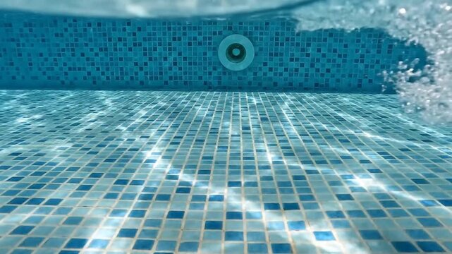 Dynamic water ripples over tiled pool surface showcasing reflections and movement