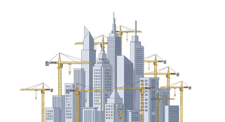 Obraz premium Modern City Skyline Under Construction with Tower Cranes and Skyscrapers Illustration Isolated on White Background. Concept of Urban Development, Growth, and Real Estate.