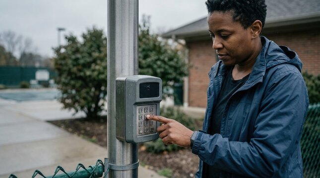 Person verifying pool gate access control system on an overcast day keypad sharply in focus with muted facility background.
