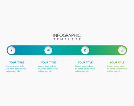 Modern 4-step horizontal timeline infographic template with gradient green and blue bar. Professional vector design for business process, workflow, and data presentation.