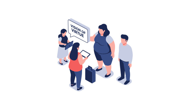 Isometric illustration of a team discussing vision and virtues.