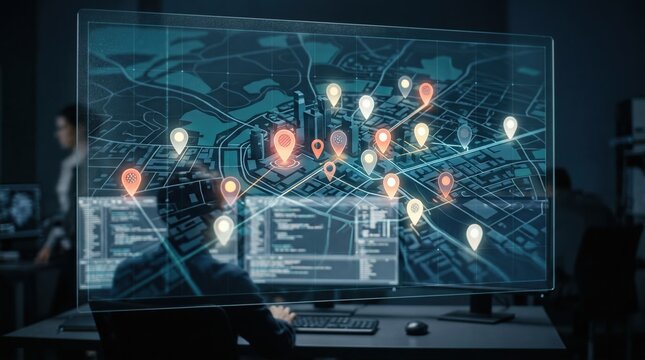 Detailed medium shot of an interactive mapbased interface on AI software highlighting suggested comparables with glowing pins and a blurred user workspace.