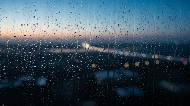 aerial view of city skyline at dusk with heavy rain on car windshield