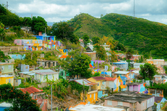 Vibrant colorful houses and painted steps of the Yaucromatic urban art project in Yauco, Puerto Rico