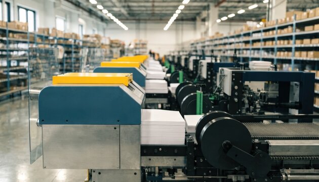 View of inline trimmers being synchronized with stitchers and folders on a production floor emphasizing coordination and smooth operation in the final stages of book finishing and