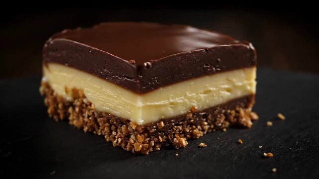 Chocolate caramel bar on a black slate surface. A layered dessert featuring a crunchy biscuit base, creamy filling, and smooth ganache topping for sweet treat.