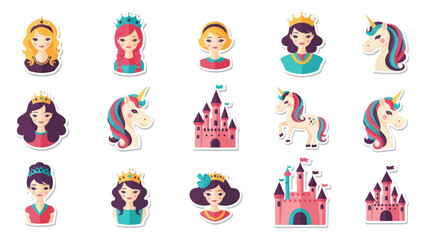 Obraz premium Cute Princesses and Unicorns Stickers Set