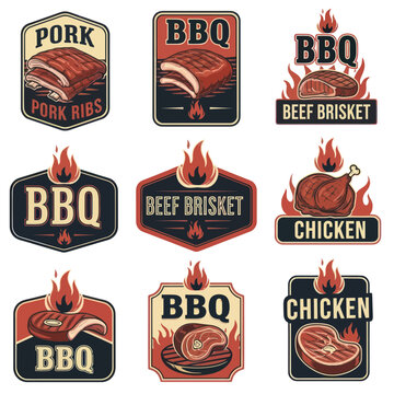 BBQ Meat Icons: Pork Ribs, Beef Brisket, Chicken - Vintage Style Labels