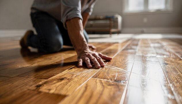 Individual assessing safety features of hardwood flooring in a welllit room scratch details sharp against a muted backdrop.