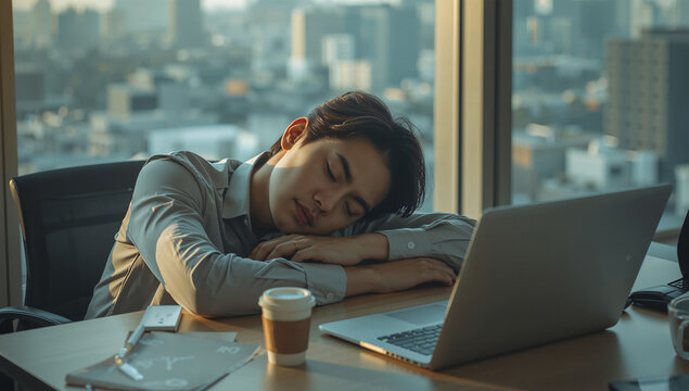残業の合間に机で眠ってしまった日本人男性、都市オフィスの疲労感を伝える写真
