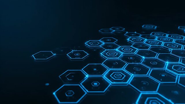 Blue digital hexagon grid over dark futuristic background
