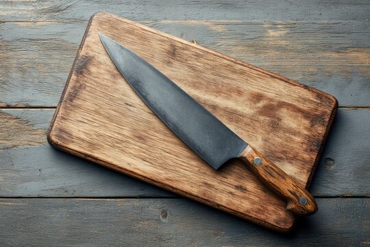Chef's knife with a wooden handle resting on a wooden cutting board, rustic kitchen background with dark planks.