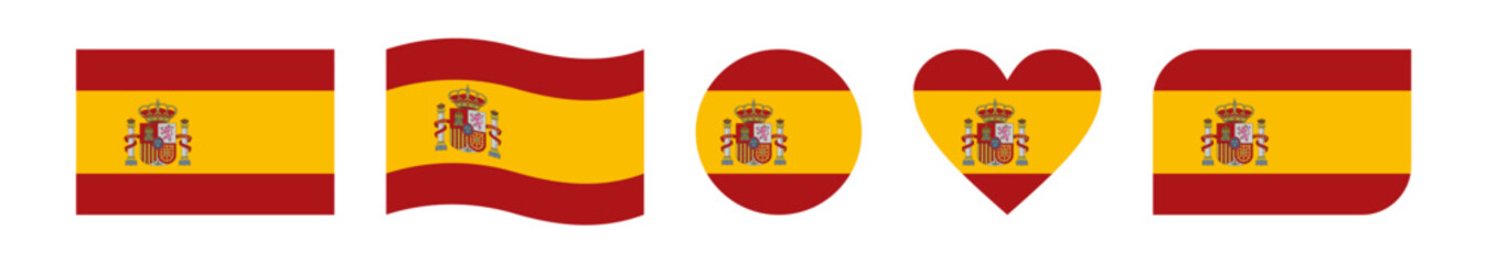 Set of five creative Spain flag vector designs featuring wavy, circular, heart-shaped, rounded-corner, and rectangular styles, symbolizing national pride and patriotic celebration © Breno