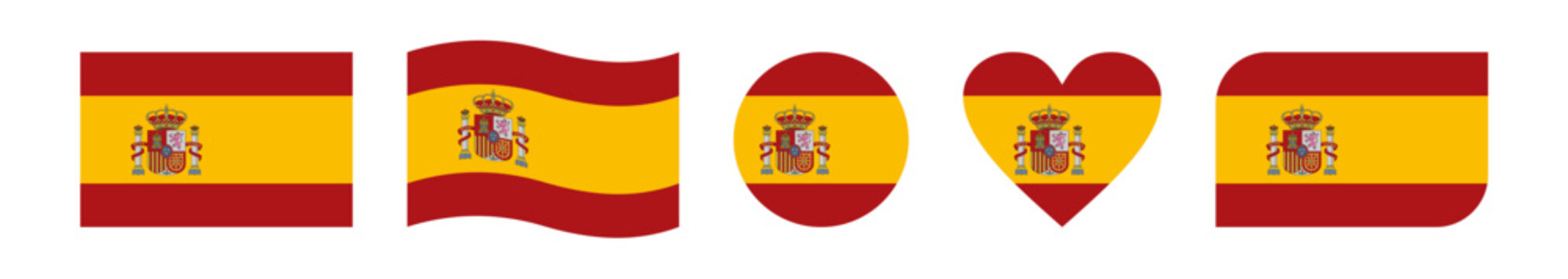 Set of five creative Spain flag vector designs featuring wavy, circular, heart-shaped, rounded-corner, and rectangular styles, symbolizing national pride and patriotic celebration