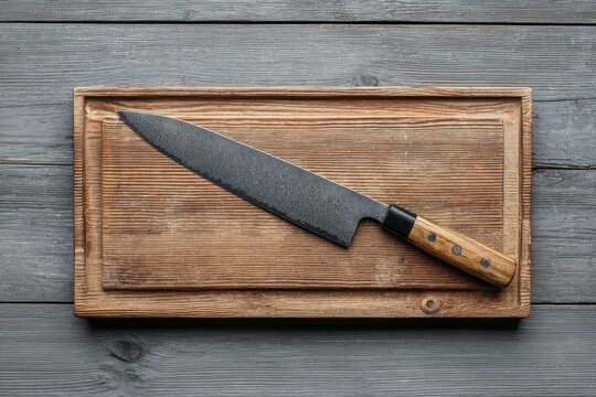 Damascus steel chef knife on a rustic wooden cutting board, professional kitchen tool on a grey plank background.