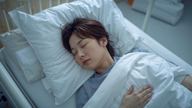 病室で静かに眠りながら回復を待つ日本人女性を写した医療写真