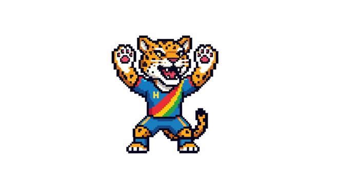 Cheerful Jaguar Mascot in Soccer Uniform Celebrating Victory.