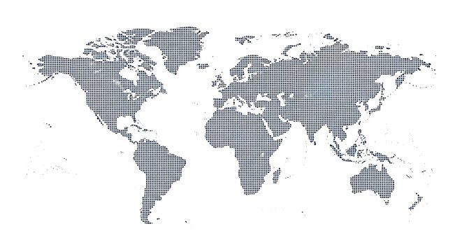 Digital dotted world map illustration on white background