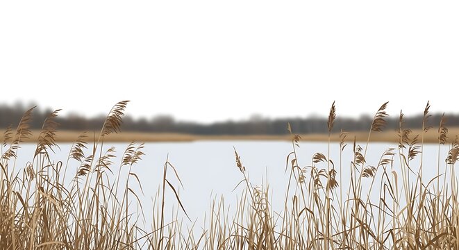 Peaceful winter landscape with dry reeds and frozen lake