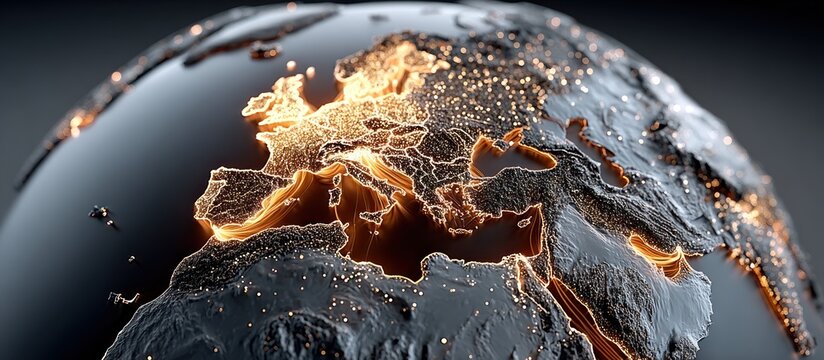 Close-up globe shows Europe lit by city lights, detailed textures