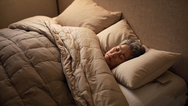 あたたかな布団に包まれて眠る日本人の高齢女性を写した夜の寝室写真