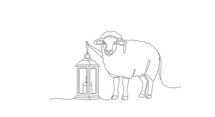One Line Drawing Sheep Holding Lantern, Ramadan or Eid Concept © Azizi